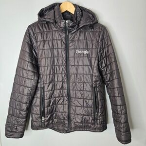 Fossa Apparel Google Logo Puffer Jacket Unisex Small Black Hooded Quilted Tech